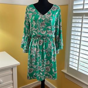 a new day Green Floral Print V-Neck Dress, Double Flutter, Size XL